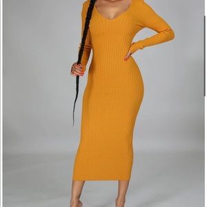 Mustard knit ribbed midi dress